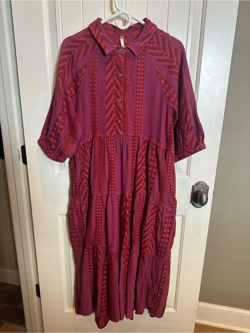 Uncle Frank Berry-Red Button Front Tiered Midi Dress